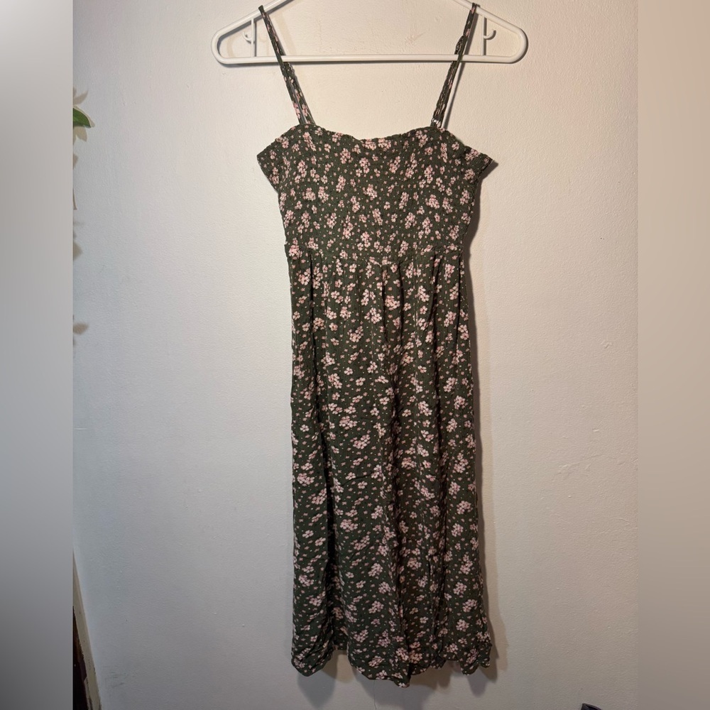 Aeropostale Pink Floral Sage Green Smocked Midi Dress with Side Slit
